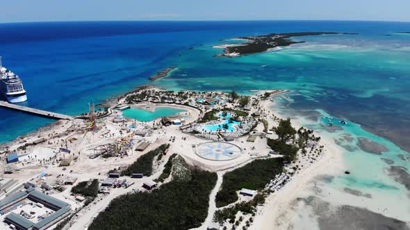 Aerial drone footage of the beautiful tropical beach at Little Stirrup Cay or CocoCay, Bahamas