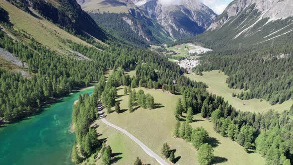 Aerial View Mountain Valley with Alpine Palpuogna Lake in Albulapass Swiss Alps