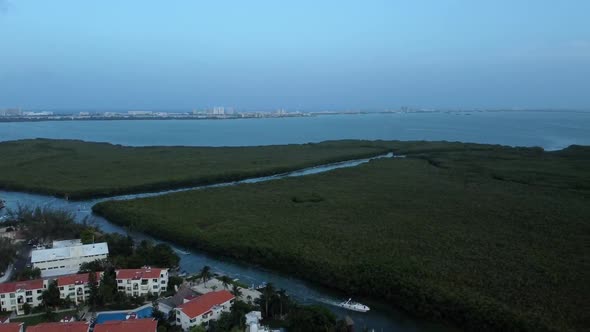 Aerial panning shot of the Nichupte Lagoon in Cancun