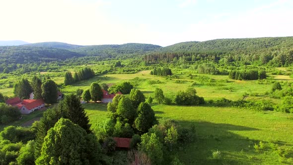 Aerial view of Jesenica river and surrounding in Croatian region Lika.