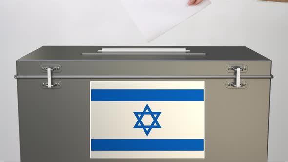 Flag of Israel on Ballot Box and Hand Putting Paper Ballot