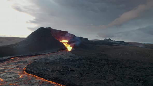Drone Towards Lava Flow From Erupting Fagradalsfjall Volcano In Reykjanes Peninsula Iceland