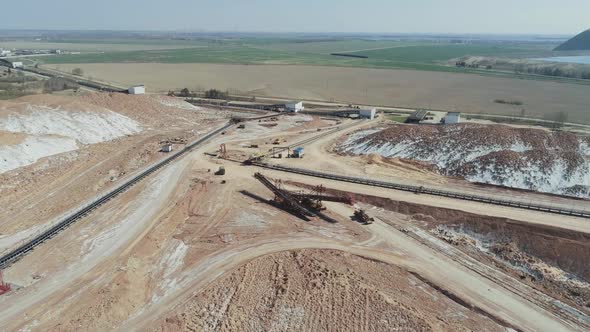 Salt Piles, Aerial View of Industrial Quarries, Conveyor in Salt Pits, Mining of Salt, Conveyor Line