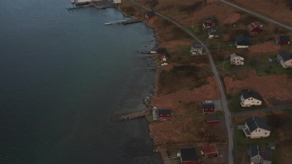 Drone Over Fishing Village And Road By Fjord