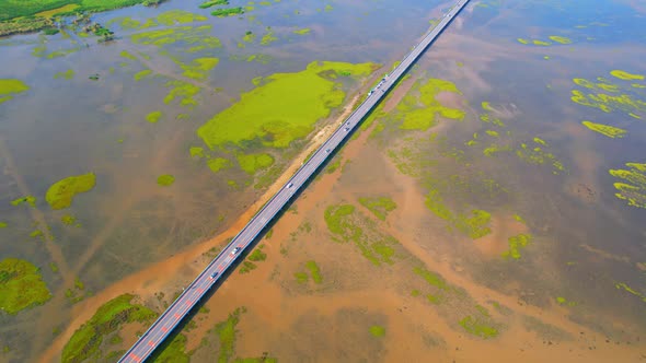 Aerial view over large wetlands in Thale Noi, Phatthalung, Thailand. 4K drone