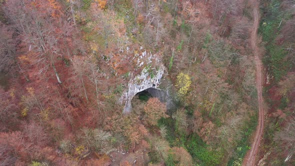 Flying Above a Monumental Cave Entrance Among Trees. Aerial View