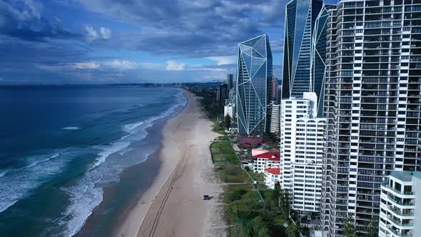 Blue hour sunrise looking south rising above beach front apartments.Gold Coast