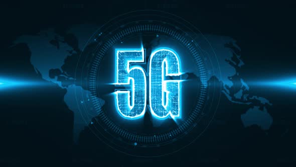 Blue 5G word with head up display technology interface and futuristic on earth map background
