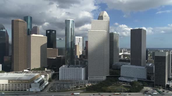 This video is about an aerial of the downtown Houston skyline on a cloudy day. This video was filmed