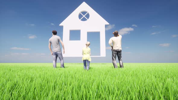 Mortgage House Business Persons Happy Family Green Landscape