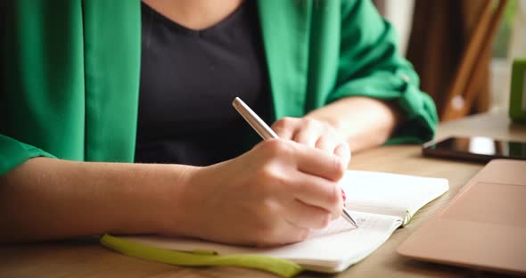 Business Woman Writes Business Plan in Diary