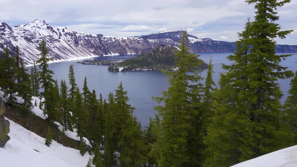 Pan Right of Crater Lake and Wizard Island Oregon USA