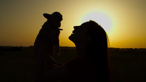 Silhouette of Woman Bonding with Lapdog at Sunset