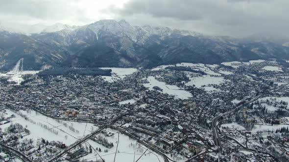 Aerial view of Zakopane town in Tatra Mountains, Poland (winter time)
