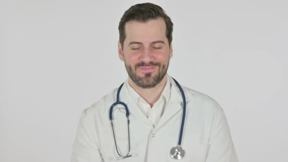 Portrait of Doctor Shaking Head As Yes Sign White Screen