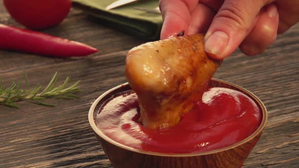 Closeup of a Hand Dipping a Grilled Chicken Wing Into the Ketchup in a Bowl