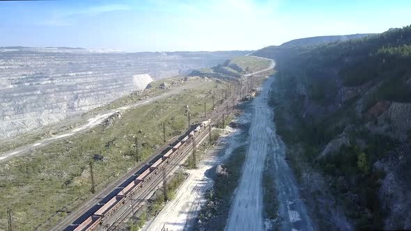 Upper View Empty Freight Train on Railway at Asbestos Quarry