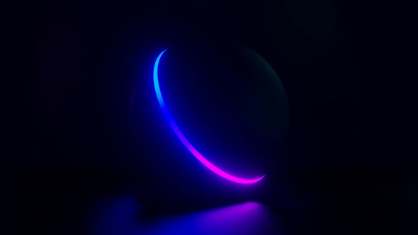 4K Looped Abstract Background of Black Sphere with Moving Neon Lines