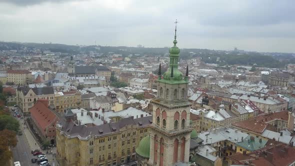 Assumption Cathedral of Lviv Top View on a Drone. The Historical and Old City Center of Ukraine From