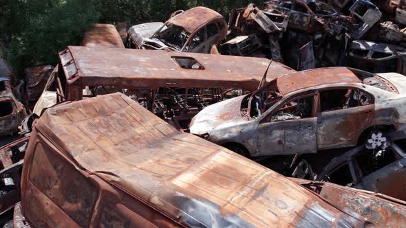 Irpin Bucha District Ukraine a Dump of Shot and Burned Cars