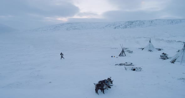 Winter in Arctic Aerial View of a Big Camp in the Tundra