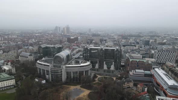 Top view of Brussels revealing European Parliament building and park