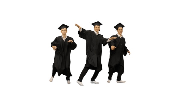 Graduating male students dancing together on white background.