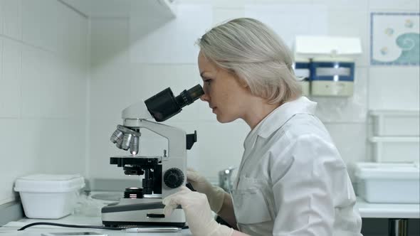 Pretty Female with Microscope Looking at Camera in Laboratory