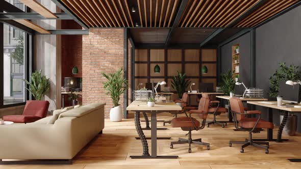 Eco-Friendly Modern Office Interior With Brick Wall, Waiting Area And Indoor Plants.