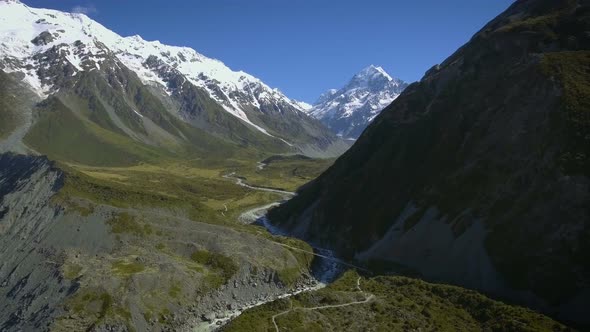 Mt Cook, New Zealand - Aerial view by drone flying over Hooker valley track