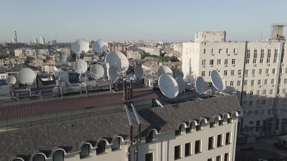 TV Antennas on the Roof of the Building. Aerial. Kyiv, Ukraine, Flat, Gray