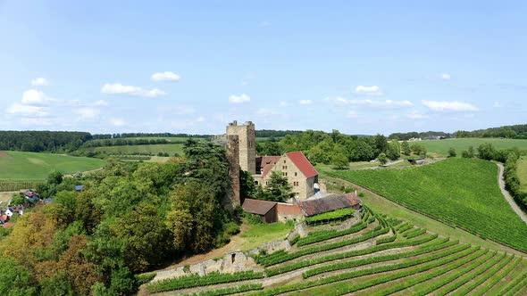 Drone shot of Neipperg Castle with vinyards, Germany