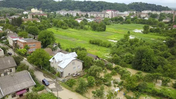 Aerial view of flooded houses with dirty water of Dnister river in Halych town, western Ukraine.