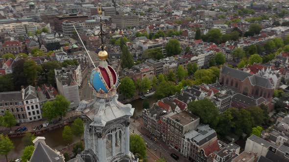 Beautiful Red and Blue Church Top in Amsterdam, Circling Aerial