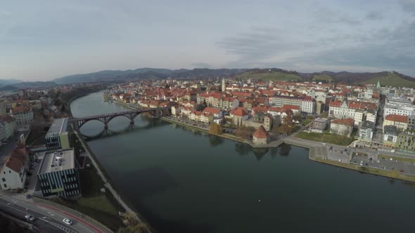 Aerial view of Drava River in Maribor