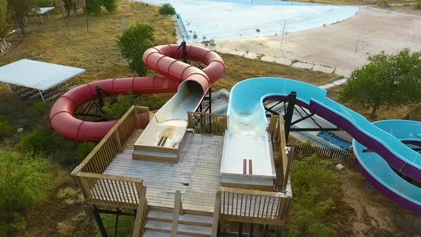 Drone shot of water slides at abandoned waterpark Breakers in Tucson Arizona