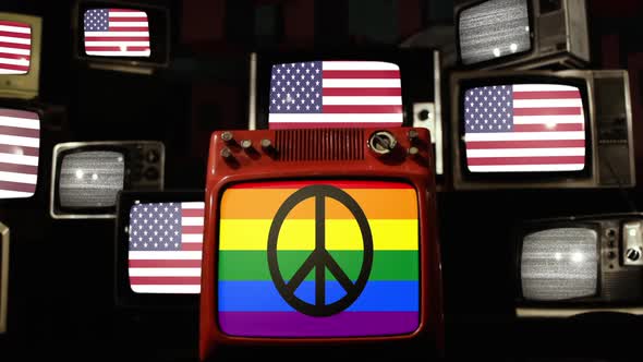 Rainbow Peace Flag and USA Flags on Retro TVs.