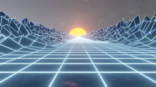 Synthwave wireframe landscape. Sun over the grid. 80s style retro futurism