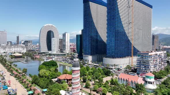 Batumi, Georgia - May 25 2022: Drone flies along new Batumi boulevard