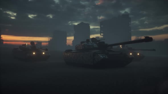 Military Tanks in the Ruined City