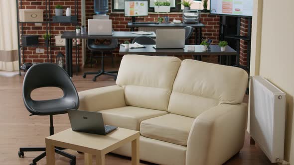 No People in Empty Workplace with Couch and Computers