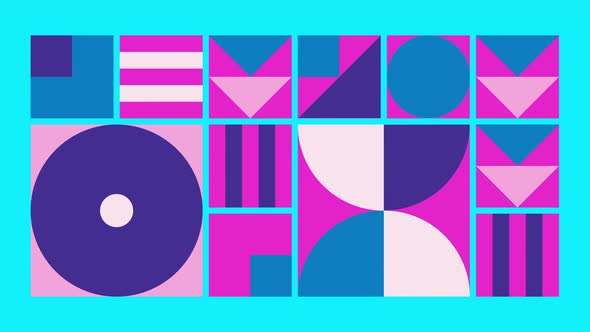 Geometric pattern loop. Circles, squares animation. Modernist abstract seamless background. Bauhaus
