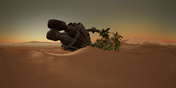 VR360 Old Rusted Alien Spaceship in Desert. Ufo alt