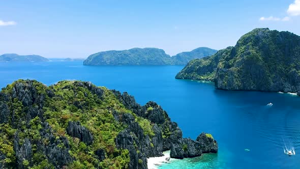 Aerial shot flying over Shimizu Island in El Nido, Palawan, Philippines