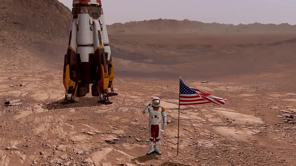 Astronaut Saluting the American Flag. Exploring Mission To Mars Red Planet. Futuristic Colonization