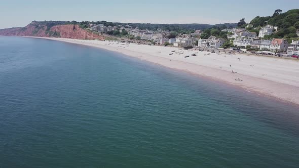 An drone view of the beautiful pebble beaches of Budleigh Salterton, a small town on the Jurassic Co