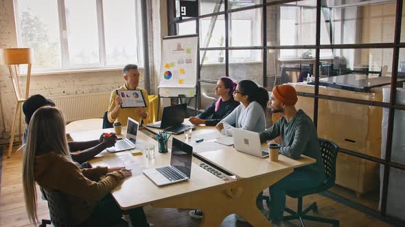 Mature Team Leader Making Presentation for Colleagues in Office Showing Colorful Chart Sitting in