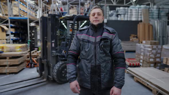 Portrait of Male Caucasian Warehouse Worker Standing Indoors Looking at Camera