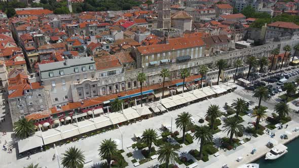 Aerial drone shot of the saint Domnius Cathedral and vestibul in Diocletian's Palace, Split, Croatia