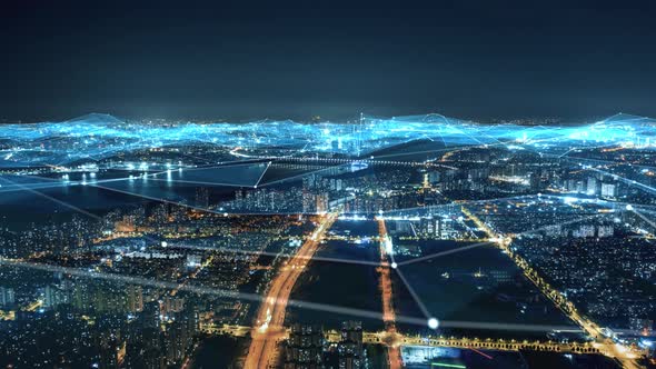 smart Connected city skyline. Futuristic network concept, city Technology.